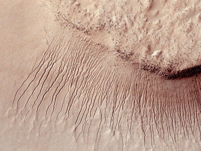 Portions of the Martian surface shot by NASA's Mars Reconnaissance Orbiter show many channels from 1 meter to 10 meters wide on a scarp in the Hellas impact basin, in this photograph taken January 14, 2011 and released by NASA March 9, 2011. Scientists have found the first evidence that briny water may flow on the surface of Mars during the planet's summer months, a paper published on Monday showed.  Researchers found telltale fingerprints of salts that form only in the presence of water in narrow channels cut into cliff walls throughout the planet's equatorial region.  REUTERS/NASA/JPL-Caltech/Univ. of Arizona/Handout   FOR EDITORIAL USE ONLY. NOT FOR SALE FOR MARKETING OR ADVERTISING CAMPAIGNS. THIS IMAGE HAS BEEN SUPPLIED BY A THIRD PARTY. IT IS DISTRIBUTED, EXACTLY AS RECEIVED BY REUTERS, AS A SERVICE TO CLIENTS
